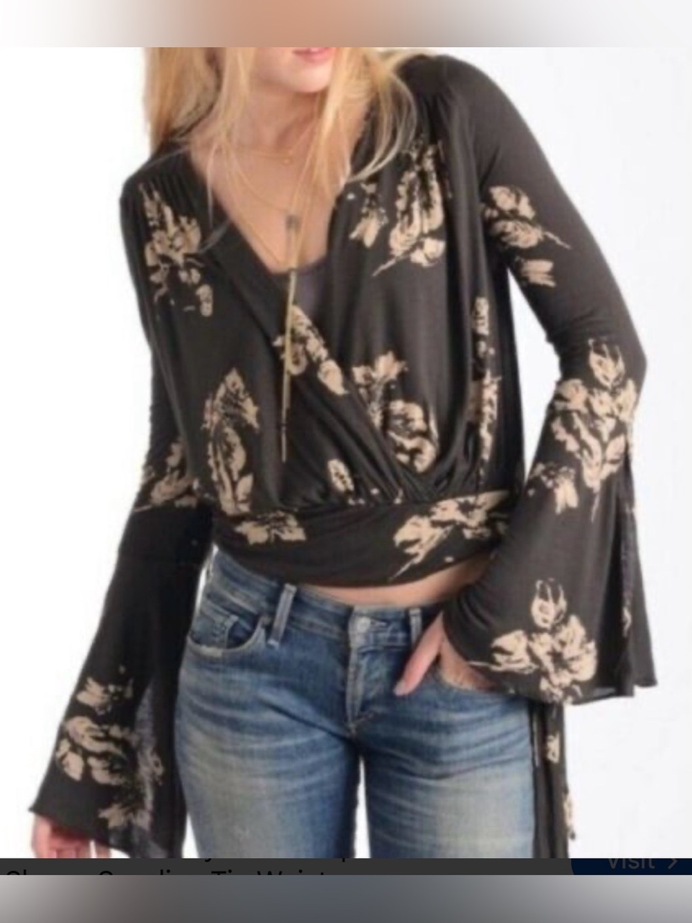 Free People Womens Fiona Bell Sleeve Surplice Tie Waist Crop Top